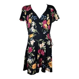 Fortune & Ivy Stitch Fix Dress Womens Size XL Black Floral Roanne Faux Wrap Tie